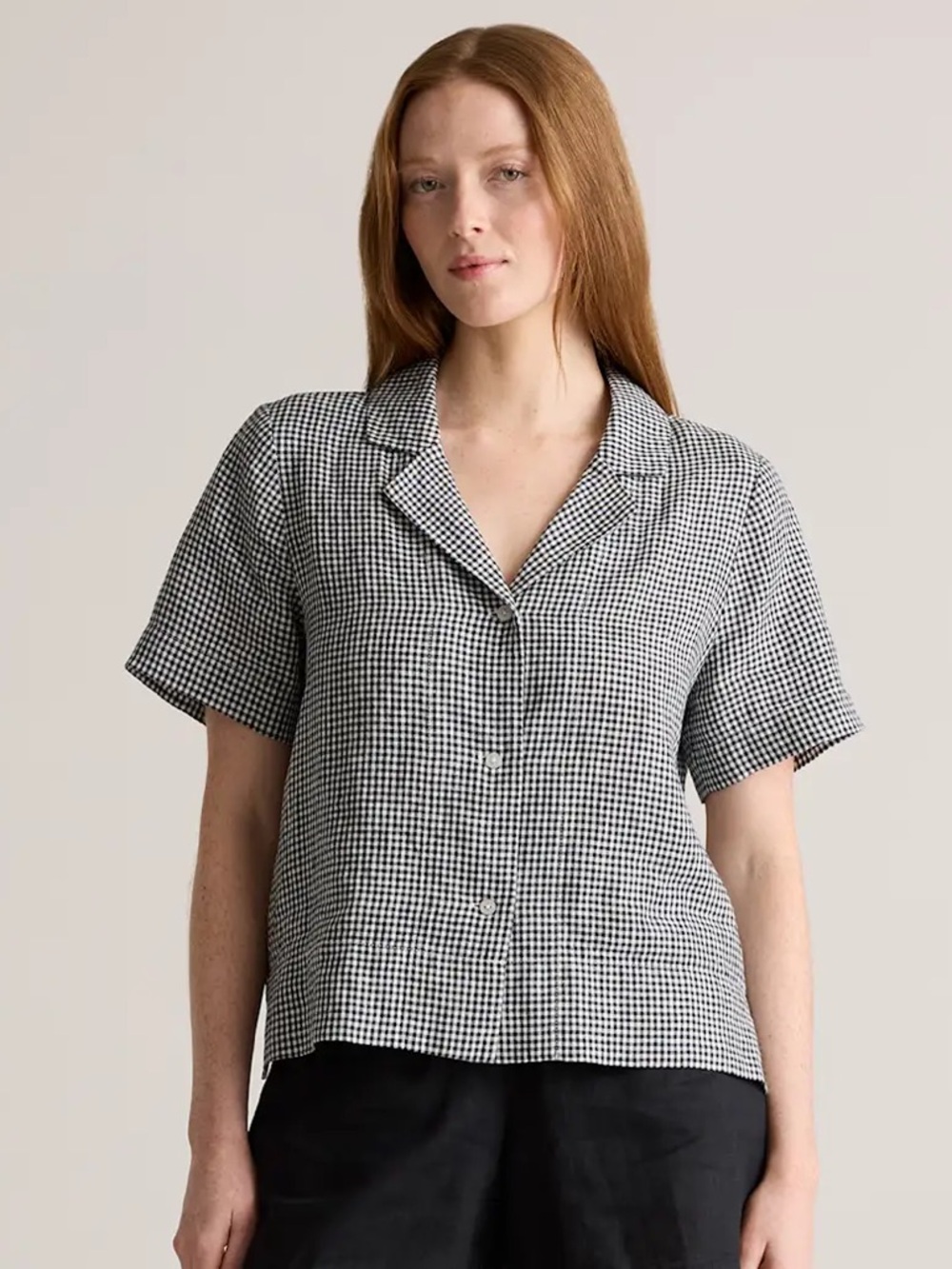 Quince 100% European Linen Short Sleeve Shirt, Black and White Gingham